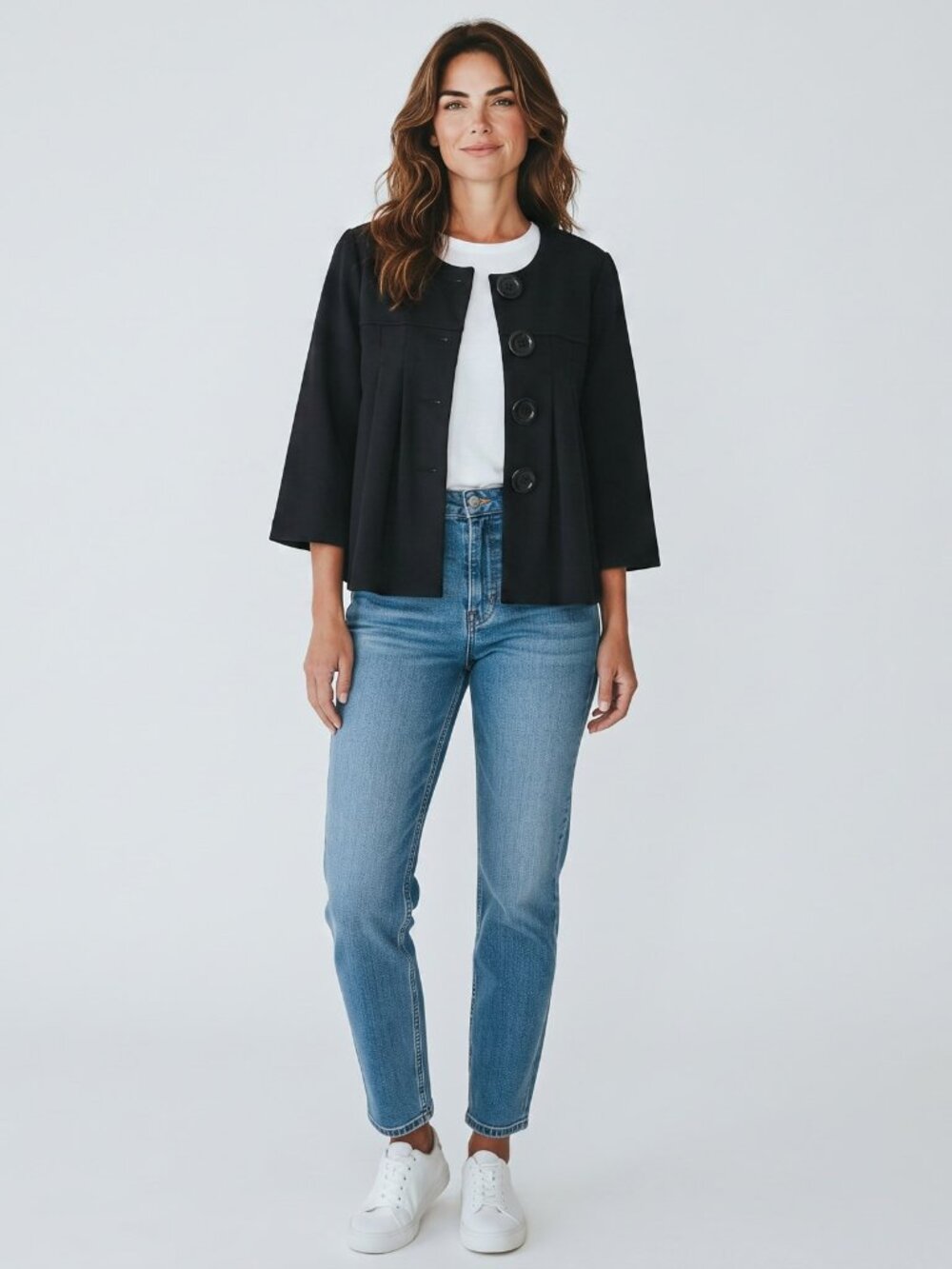 Black Pleated Swing Jacket Bell Sleeve Oversized Buttons